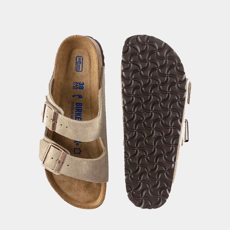 Birkenstock Arizona Soft Footbed Suede sandals in taupe with dual adjustable straps and cork footbed, top and sole views.