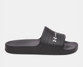 Under Armour ARMR Shower sandals in black with textured strap and logo, side view.