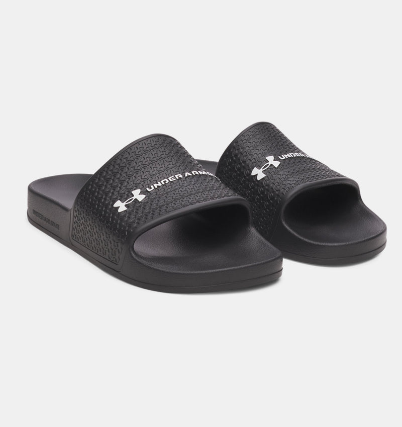 Under Armour ARMR Shower slides in black with textured strap and logo detail, angled front view.