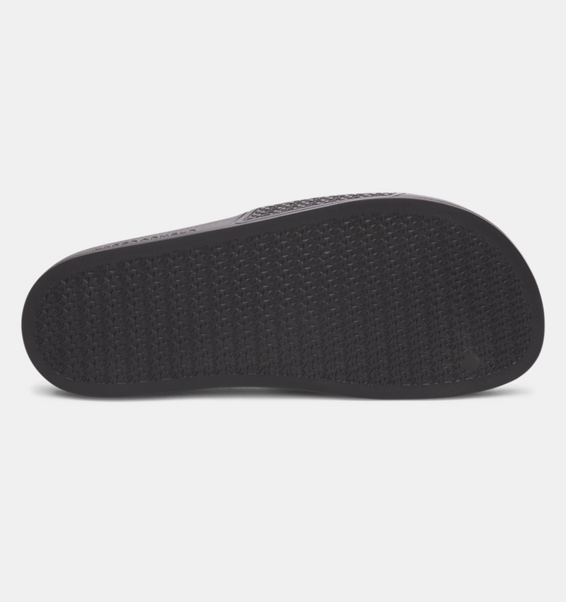 Under Armour ARMR Shower sandals, black, with textured outsole, bottom view.