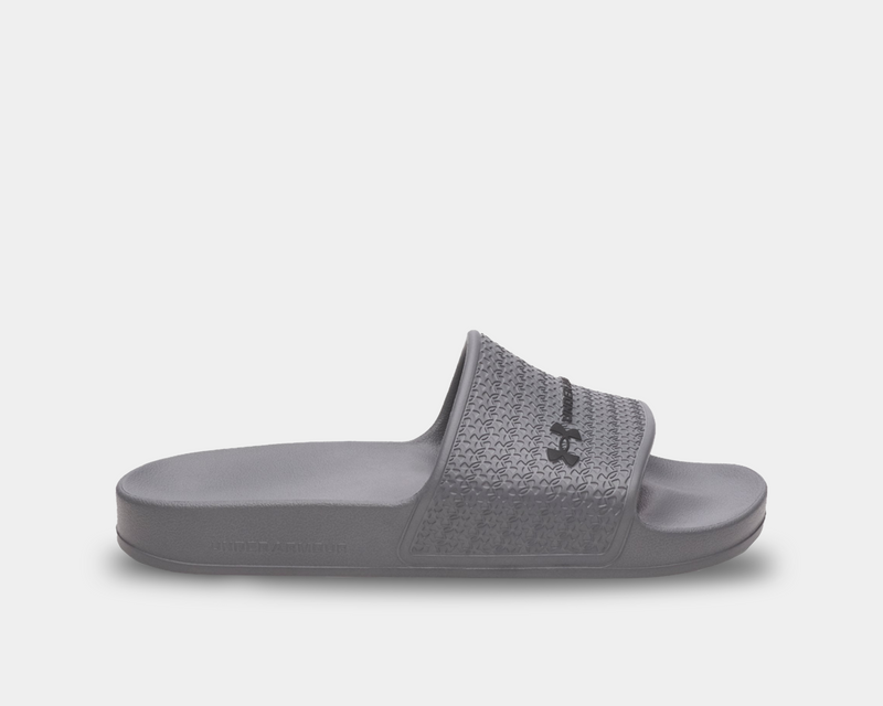 Under Armour ARMR Shower slides in gray with textured strap, side view