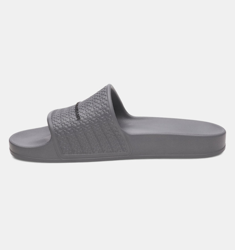 Under Armour ARMR Shower slide sandal in gray with textured strap, side view.