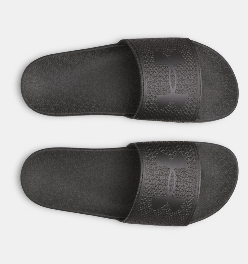 Under Armour ARMR Slide sandals in black with textured strap and logo, top view.