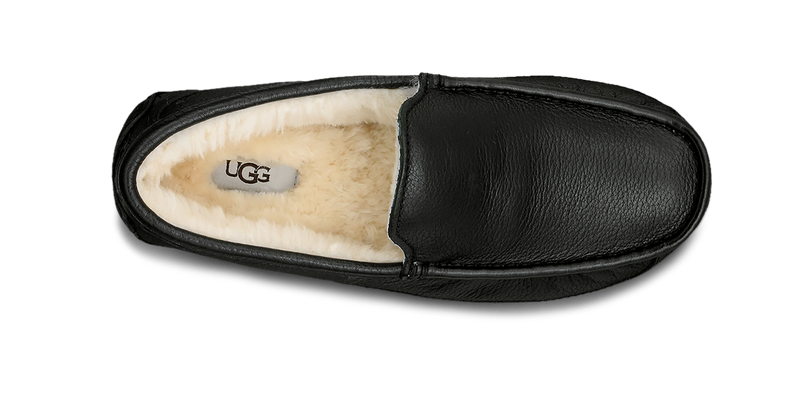 UGG Ascot Leather slippers in black with a premium leather upper and plush shearling lining, top view.