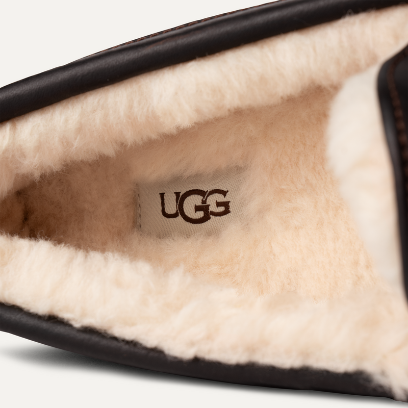 UGG Ascot Leather slippers with plush cream-colored UGGpure wool lining, close-up interior view.