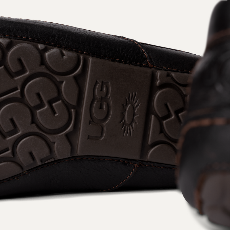 UGG Ascot Leather loafers in black full-grain leather with embossed UGG logo outsole and stitched details, sole/bottom view.
