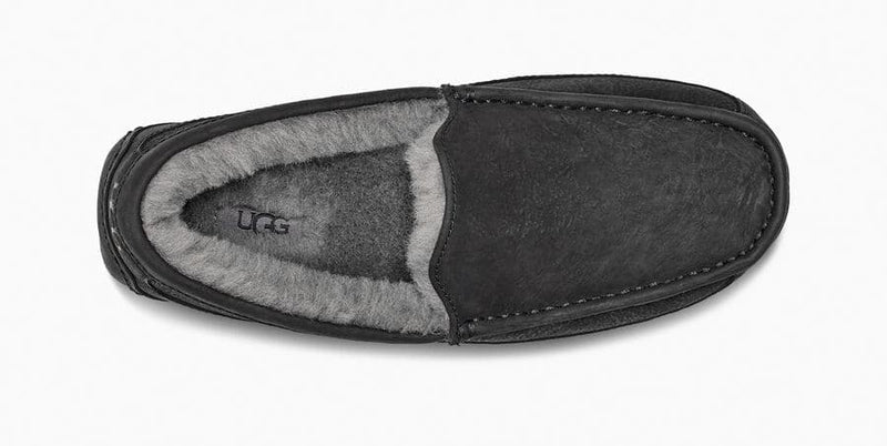 UGG Ascot Matte Leather slippers top view in black leather featuring plush gray shearling lining and stitched detailing.