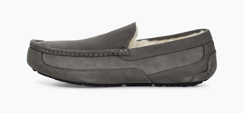 UGG Ascot Suede slippers in gray with suede upper, stitched details, and plush lining, side view.