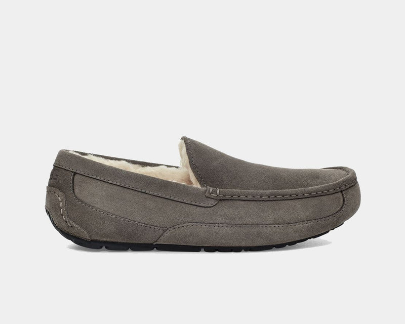 UGG Ascot Suede slippers in gray suede with plush shearling lining and moccasin stitching accents, side view.
