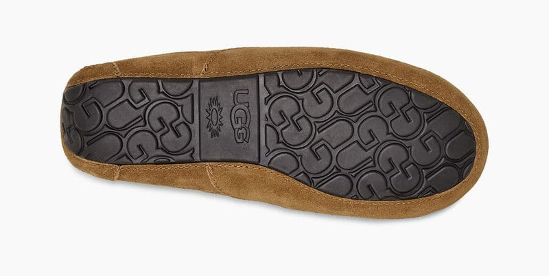 UGG Ascot Suede slippers outsole view showcasing black rubber tread pattern and brown suede upper trim.