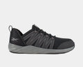 Reebok Work Astroride Work shoes in black with gray accents, mesh upper, reinforced toe, and durable outsole, side view.