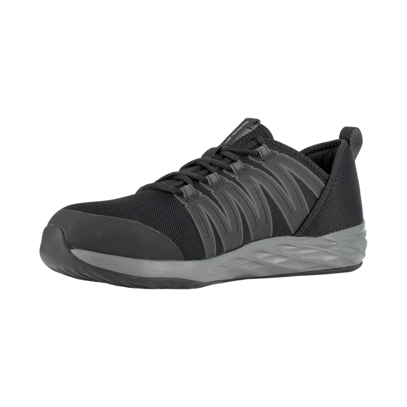 Reebok Work Astroride Work shoes in black with synthetic overlays and mesh upper, cushioned midsole, side view