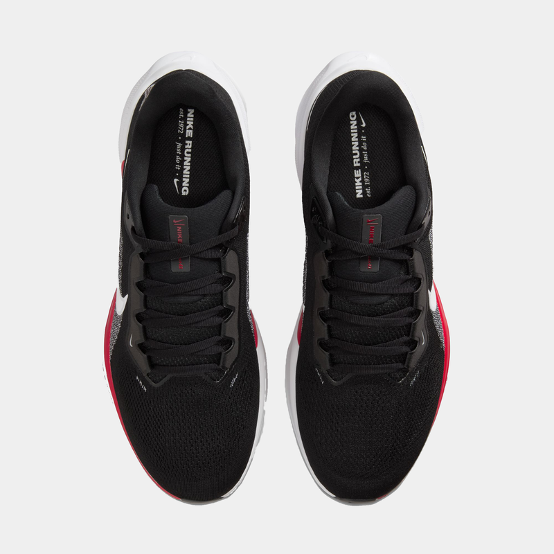 Nike Atlanta Falcons Pegasus 41 running shoes in black with red and white accents, breathable mesh upper and lace system, top view.