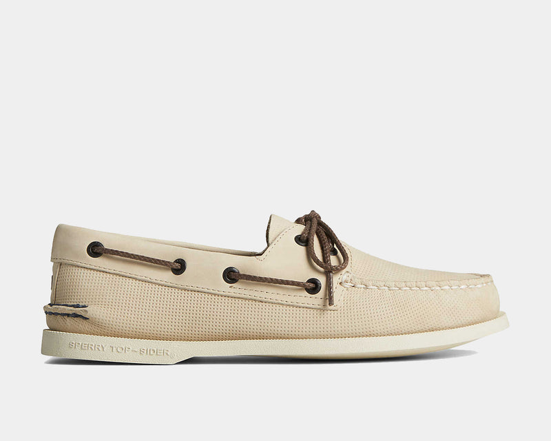 Sperry Authentic Original™ 2-Eye Deboss boat shoes in beige leather with debossed texture, brown laces, and moc-toe stitching, side view.