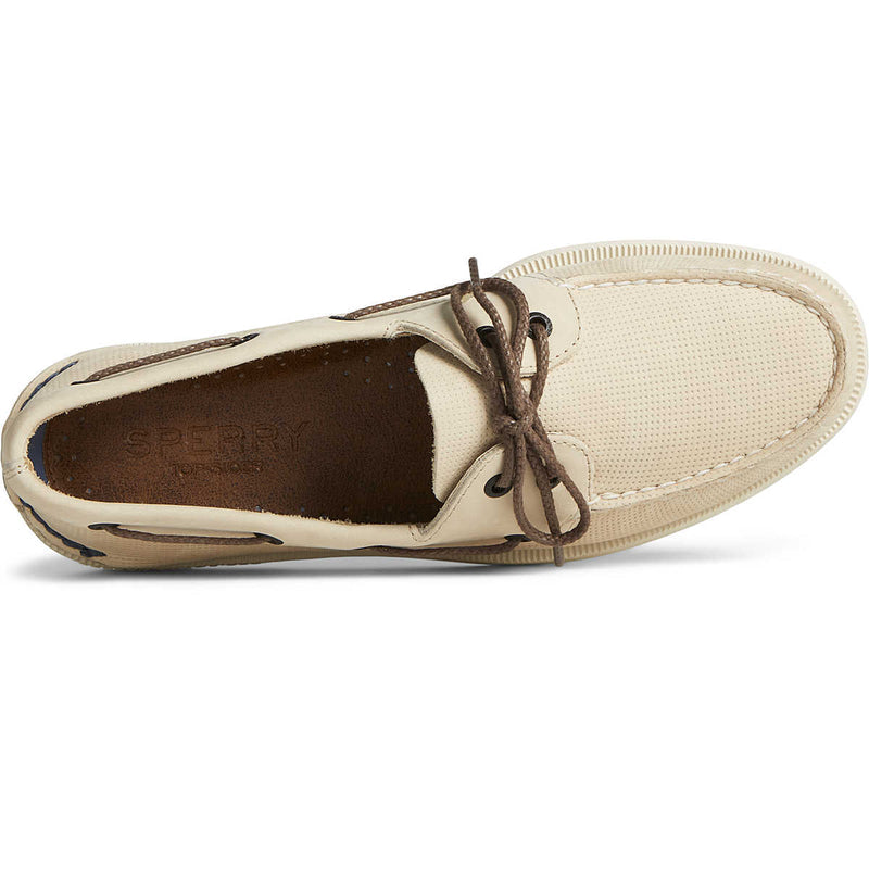 Sperry Authentic Original™ 2-Eye Deboss boat shoe in off-white with debossed details, leather laces, and cushioned footbed, top view.