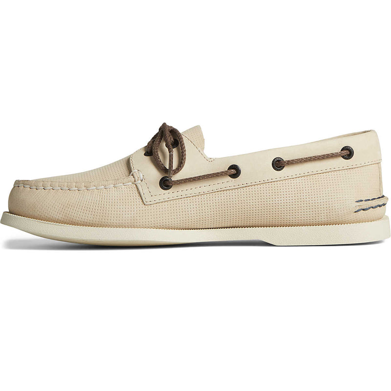 Sperry Authentic Original™ 2-Eye Deboss boat shoes in beige with debossed leather details, rawhide laces, and side view.