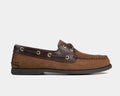 Sperry Authentic Original™ Boat Shoe in brown leather with gold-tone eyelets and moc-toe stitching, side view.