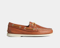Sperry Authentic Original™ Boat Shoe in brown leather with hand-sewn moccasin construction and rawhide laces, side view.