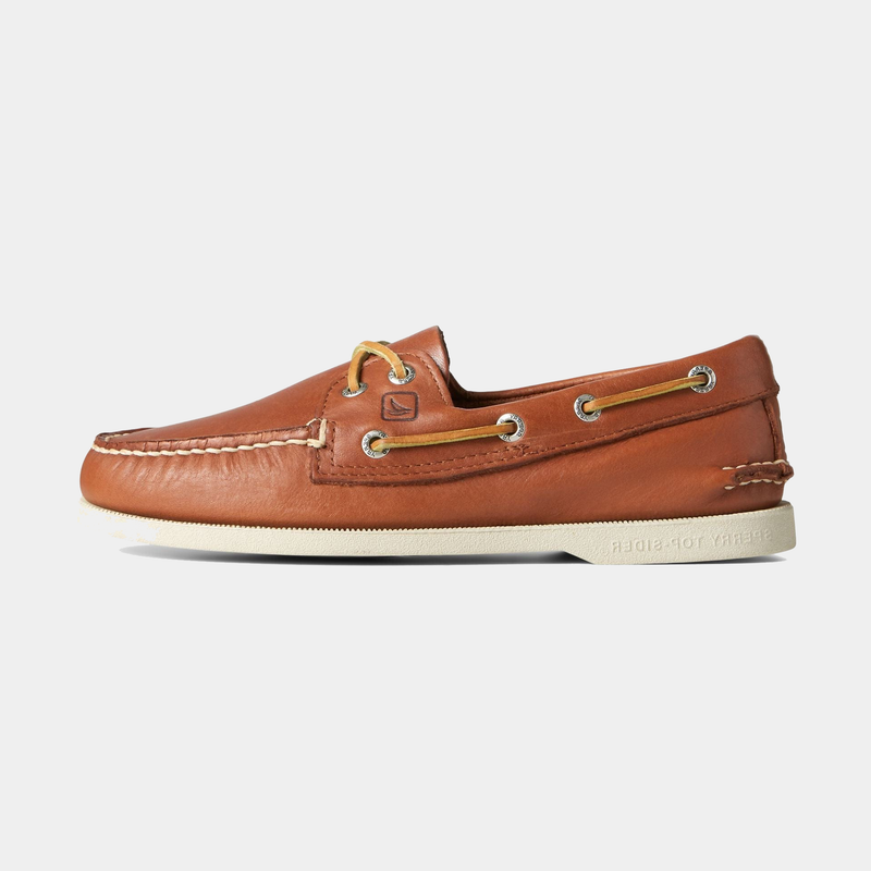Sperry Authentic Original™ Boat Shoe in rich brown leather with moc-toe stitching, rawhide laces, and non-marking sole, side view.