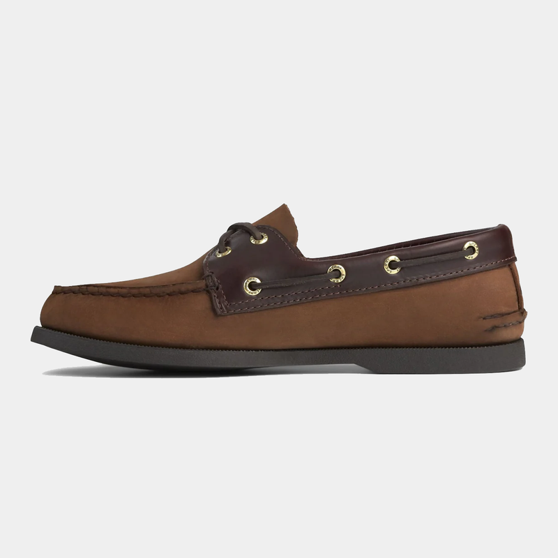 Sperry Authentic Original™ Boat Shoe in brown leather featuring 360° lacing system and contrast stitching, side view.
