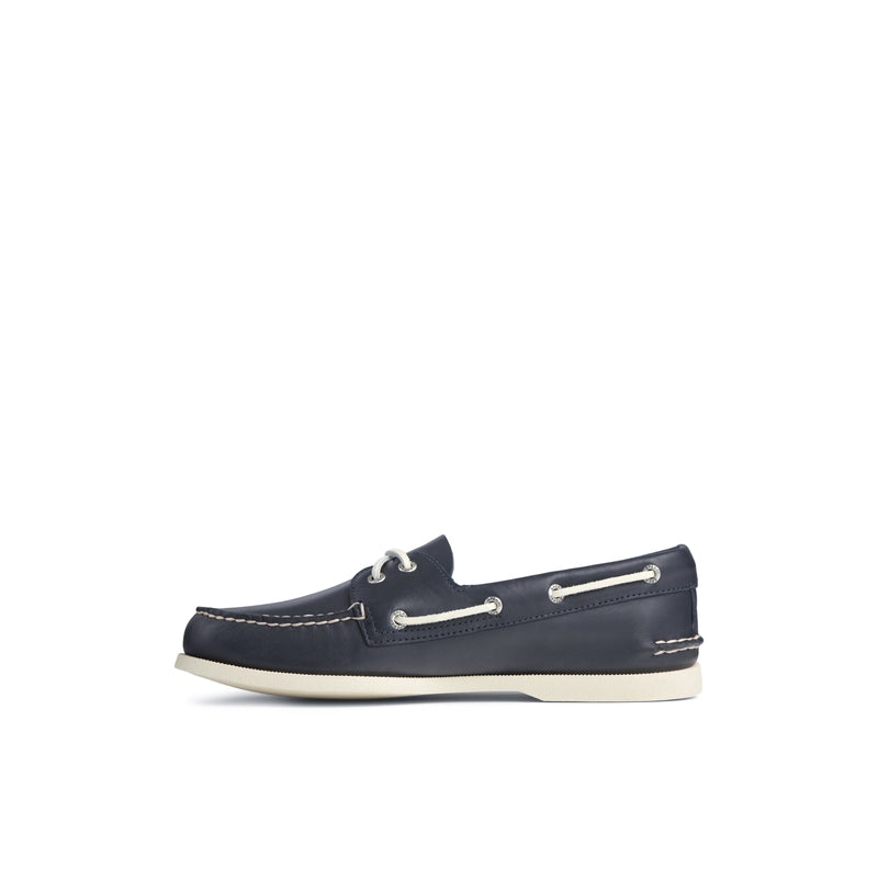 Sperry Authentic Original™ Boat Shoe in navy leather with white rawhide laces and contrast stitching, side view.