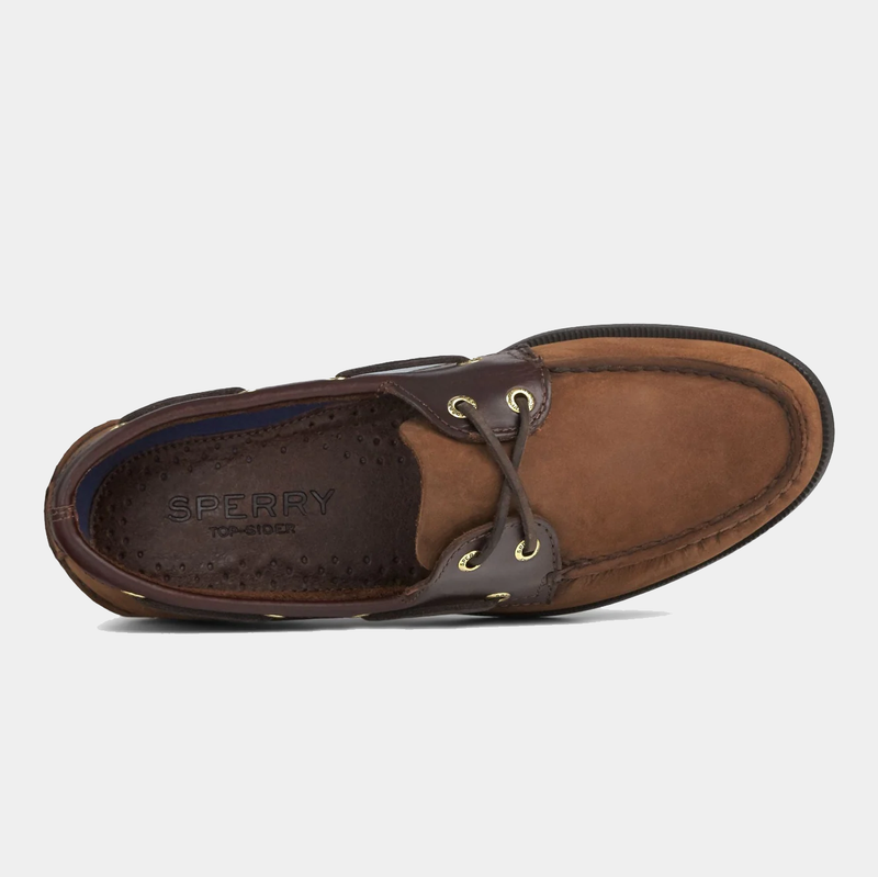 Sperry Authentic Original™ Boat Shoe top view in brown leather with moccasin stitching and gold-tone eyelets.
