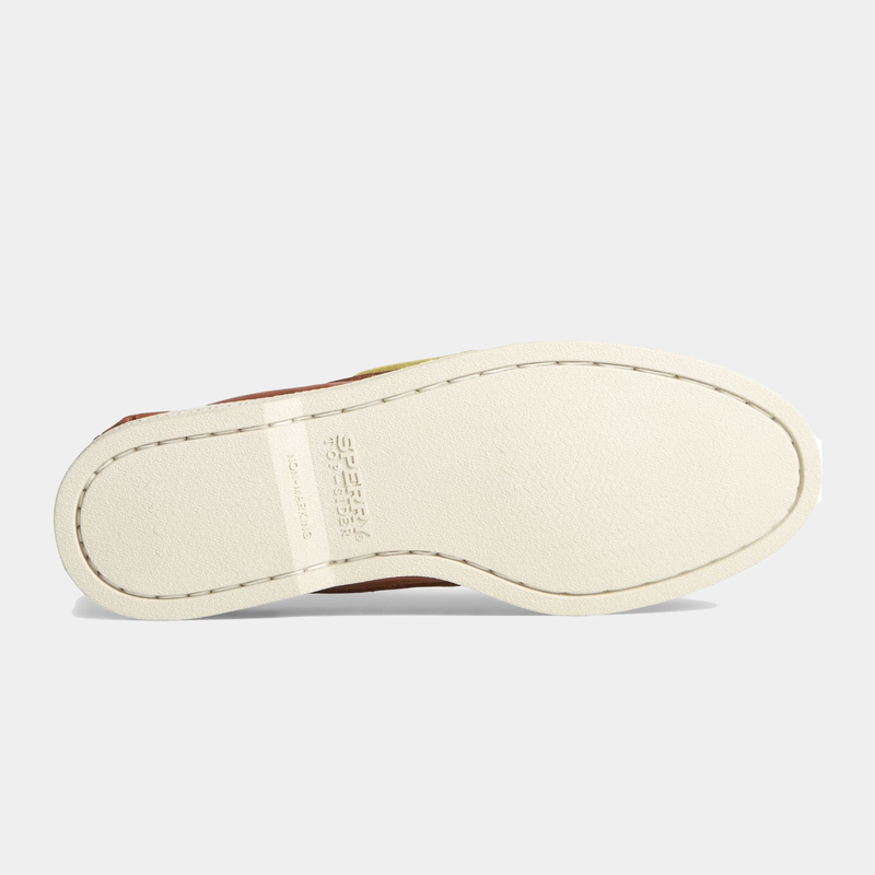 Sperry Authentic Original™ Boat Shoe outsole in white rubber with non-marking design and embossed branding, bottom view.