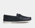 Sperry Authentic Original™ Cross Lace boat shoes in navy leather with moc-toe stitching and white rubber sole, side view.