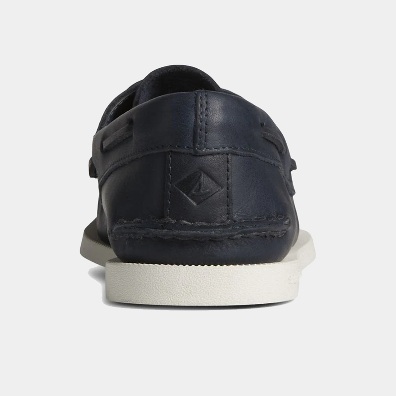 Sperry Authentic Original™ Cross Lace boat shoes in navy leather with stitched detailing, back view showing embossed logo and white sole.