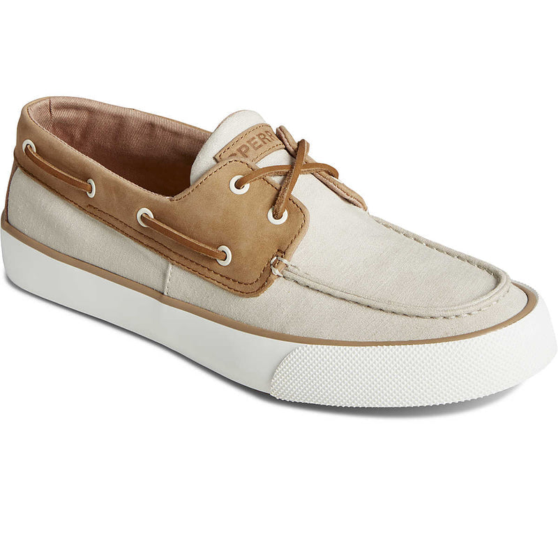 Sperry Bahama II Linen Sneaker in beige with tan suede accents, moc-toe design, and white rubber outsole, side angle view.