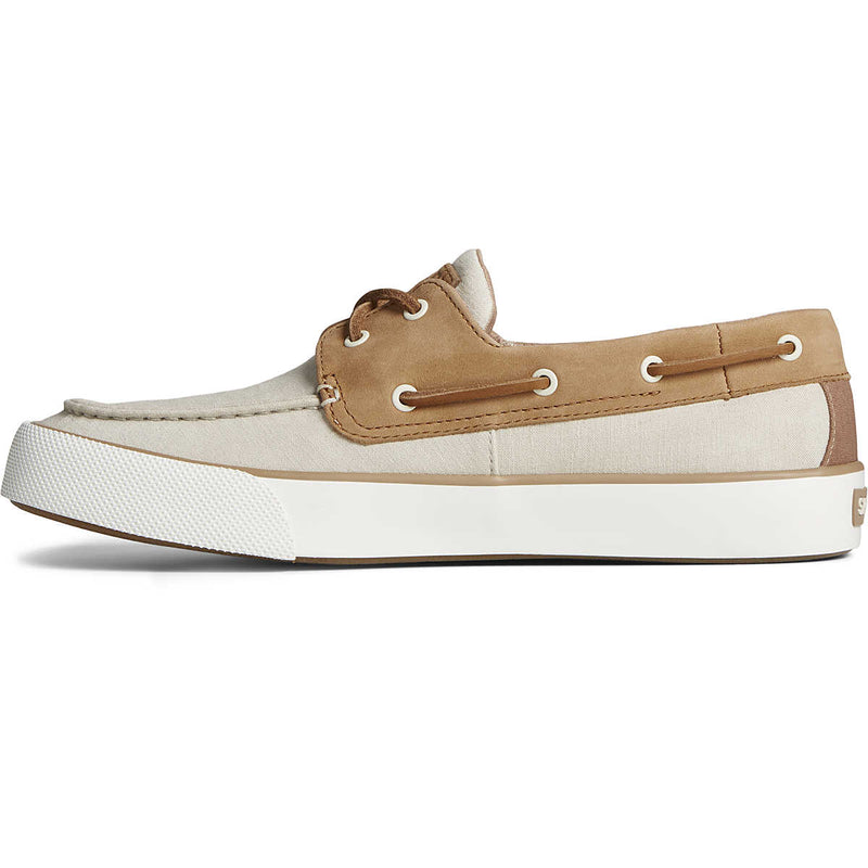 Sperry Bahama II Linen Sneakers in beige and tan with leather accents and white rubber soles, side view.