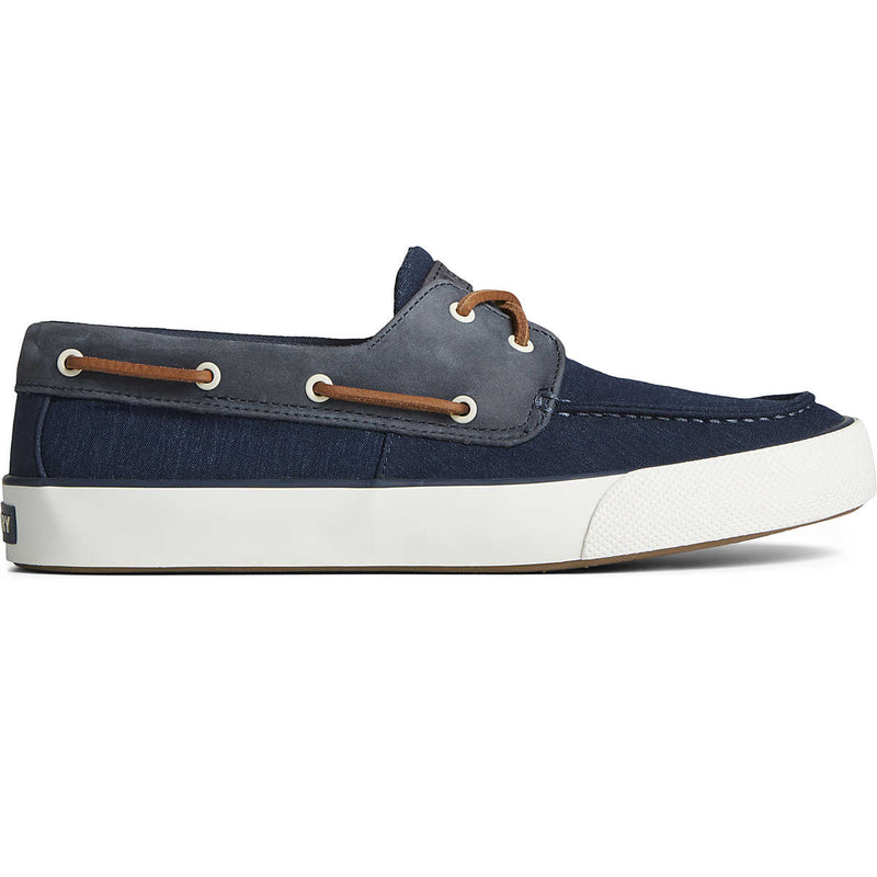 Sperry Bahama II Linen Sneaker in navy blue with contrast stitching, leather lacing, and white rubber sole, side view.