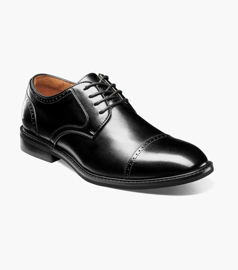 Stacy Adams Bailey Cap Toe dress shoe in polished black leather with stitched cap toe detailing, front-angle view.