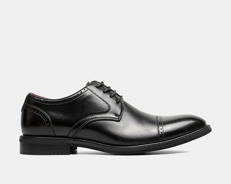 Stacy Adams Bailey Cap Toe dress shoes in black leather with decorative perforated detailing, side view.