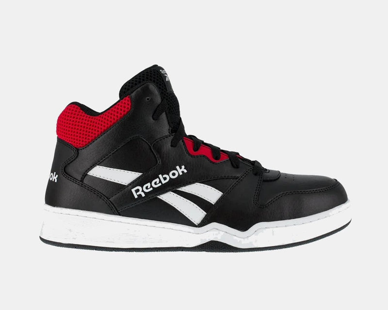 Reebok Work BB4500 High Top Work Sneaker in black with white logo accents and red mesh collar, side view.