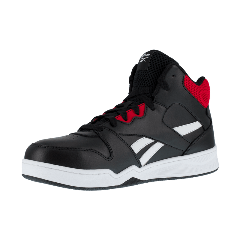Reebok Work BB4500 High Top Work Sneaker in black with white accents and red mesh collar, side angle view.