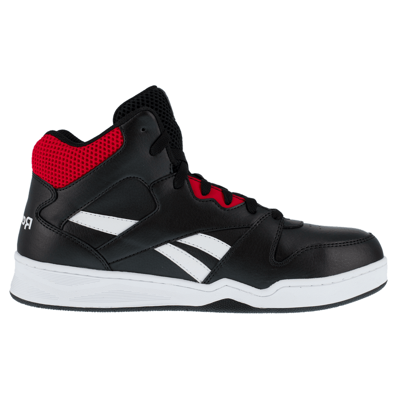 Reebok Work BB4500 High Top Work Sneaker in black with red accents, white sole, and side stripes, side view.
