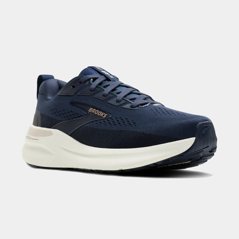 Brooks Beast GTS 26 running shoes in navy blue with mesh upper, GuideRails support system, and cushioned white midsole, angled front view.