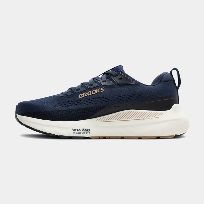 Brooks Beast GTS 26 running shoes in navy blue with GuideRails support system and DNA LOFT cushioning, side view.