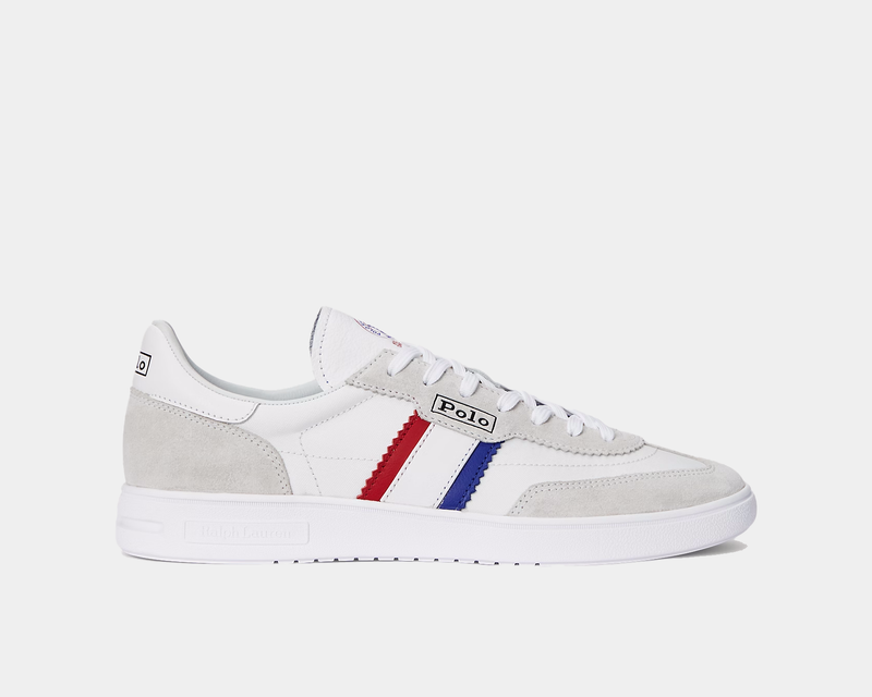 Polo Ralph Lauren Bedford Suede-Paneled Sneaker, white leather with gray suede panels, red and blue side stripes, side view.