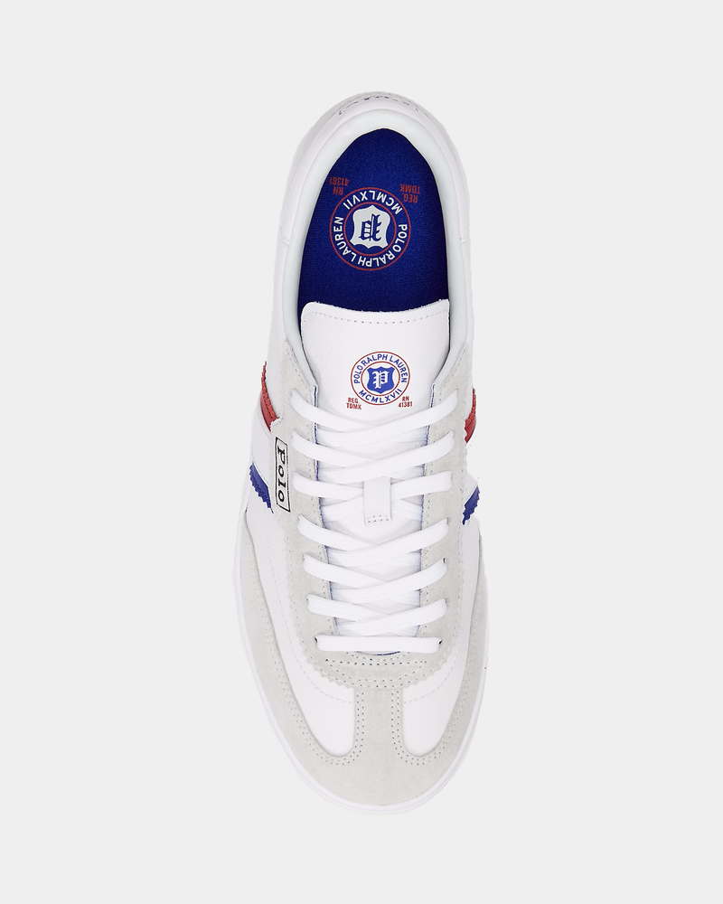 Polo Ralph Lauren Bedford Suede-Paneled Sneaker top view featuring white leather, gray suede accents, and red and blue detailing.