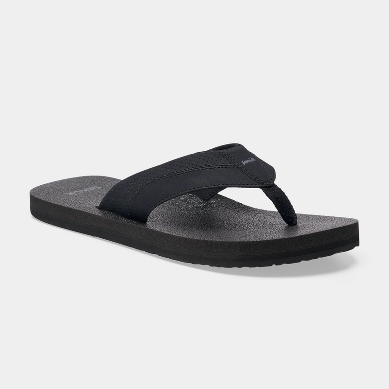 Sanuk Beer Cozy IV sandals in black with textured footbed and wide fabric thong straps, angled side view.