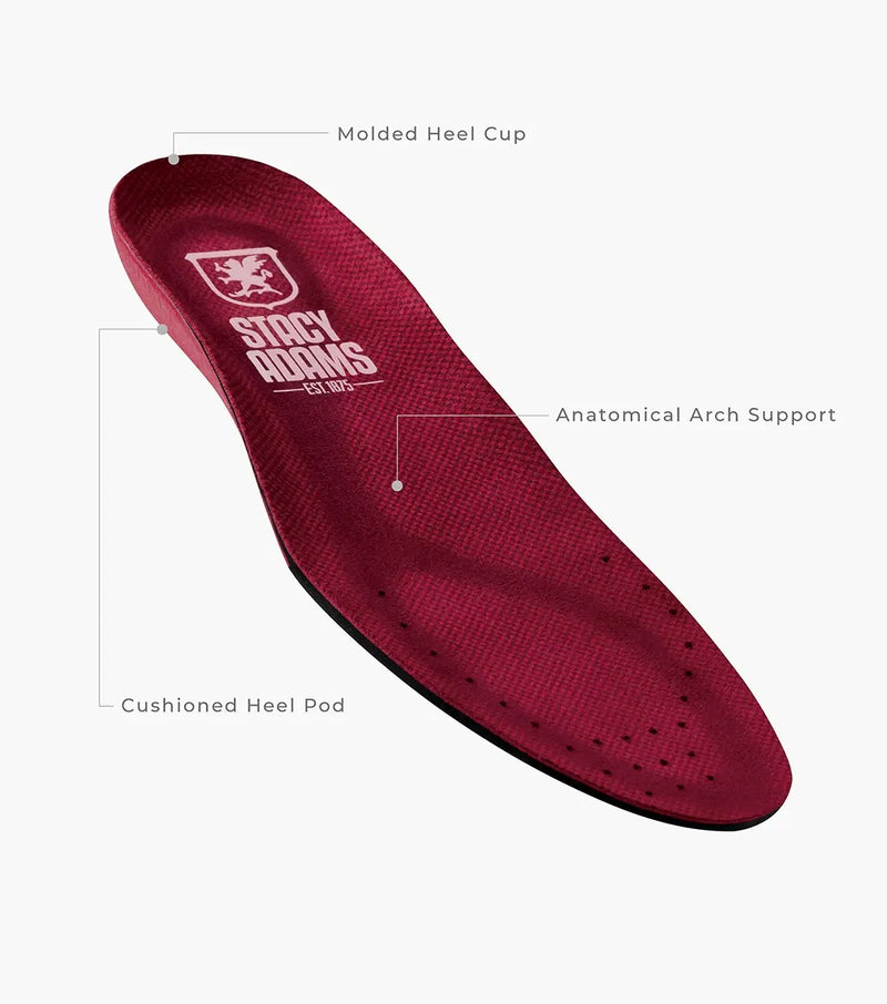 Stacy Adams Bennett Wingtip Oxford insoles in red with molded heel cup, anatomical arch support, and cushioned heel pod.