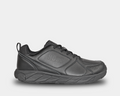 A black safety shoe with lace-up closure.