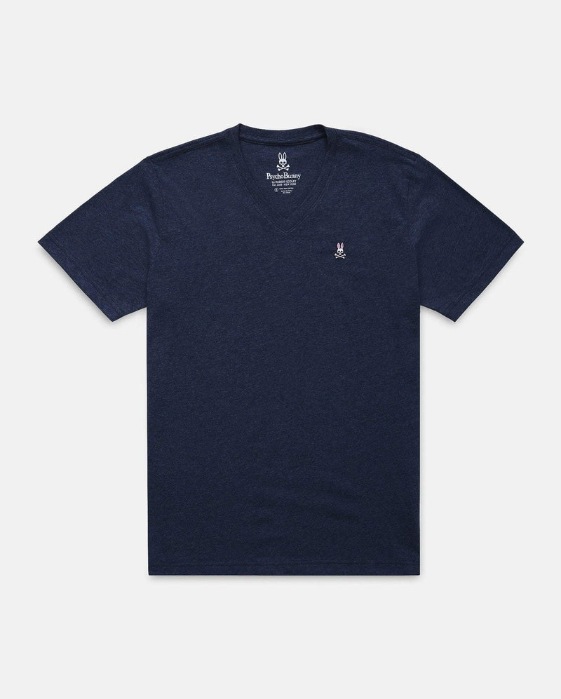 Psycho Bunny Big and Tall Classic V Neck Tee in navy blue with embroidered pink and white logo on chest, front view.