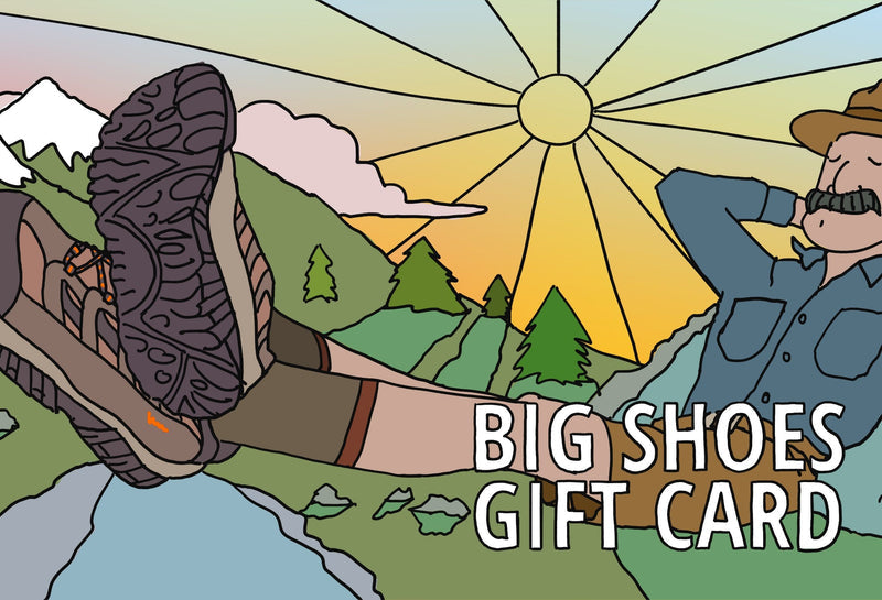 BigShoes Big Shoes Gift Card featuring an illustrated outdoors scene with a person relaxing, showcasing hiking boots and a nature-inspired setting.