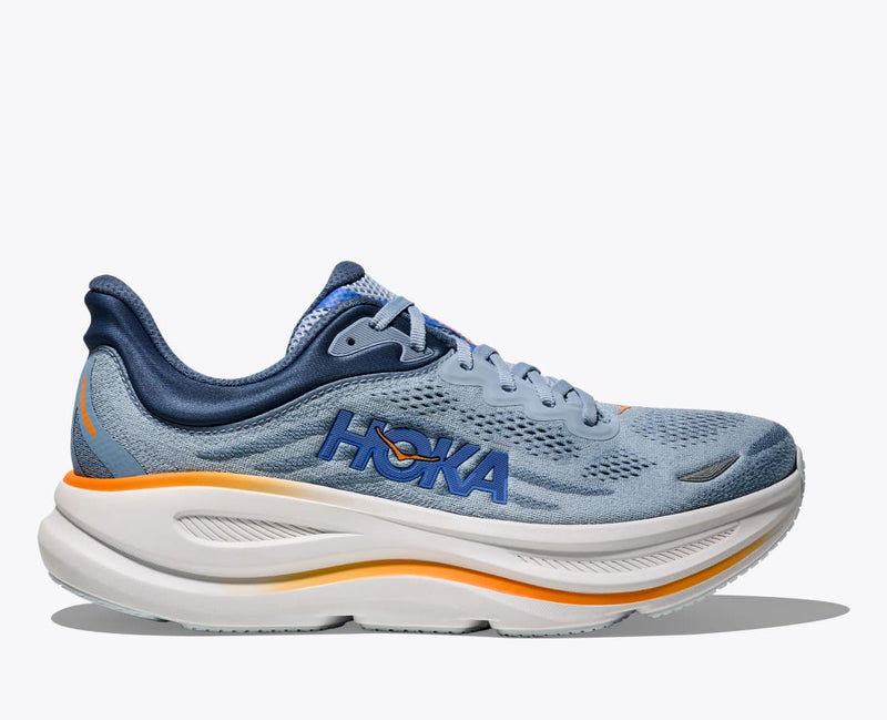 HOKA Bondi 9 running shoes in light blue with orange accents, mesh upper, and cushioned midsole, side view.