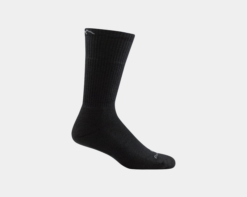 Darn Tough Boot Midweight Tactical Sock with Cushion in black, ribbed knit design and reinforced toe and heel, side view.