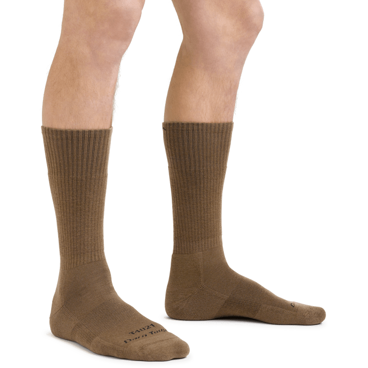 Darn Tough Boot Midweight Tactical Sock with Cushion in brown, ribbed height and cushioned footbed, worn by model