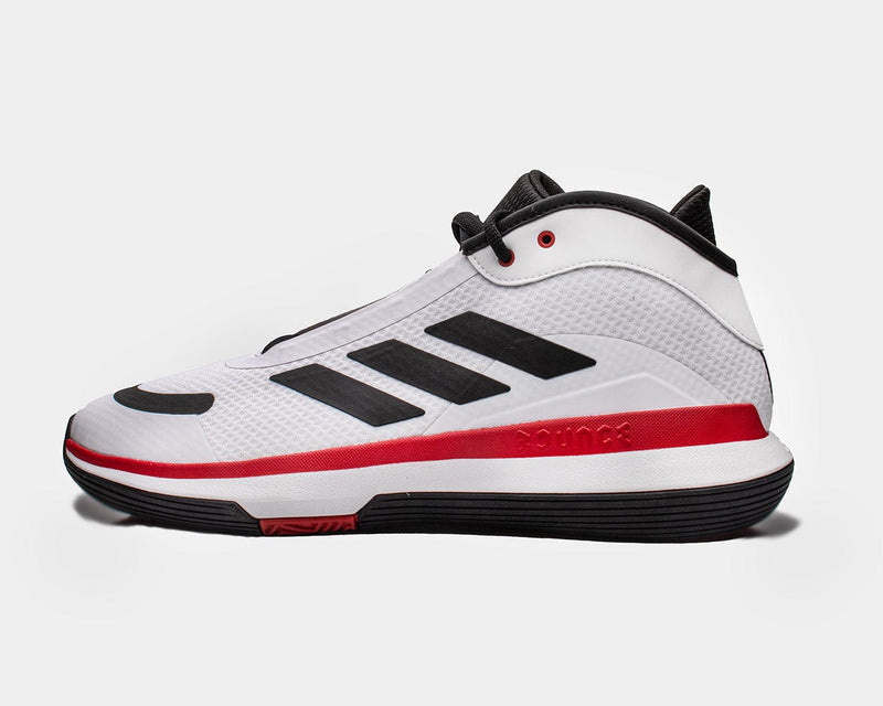 Adidas Bounce Legends basketball shoes in white with black stripes, red accents, and Bounce midsole, side view.